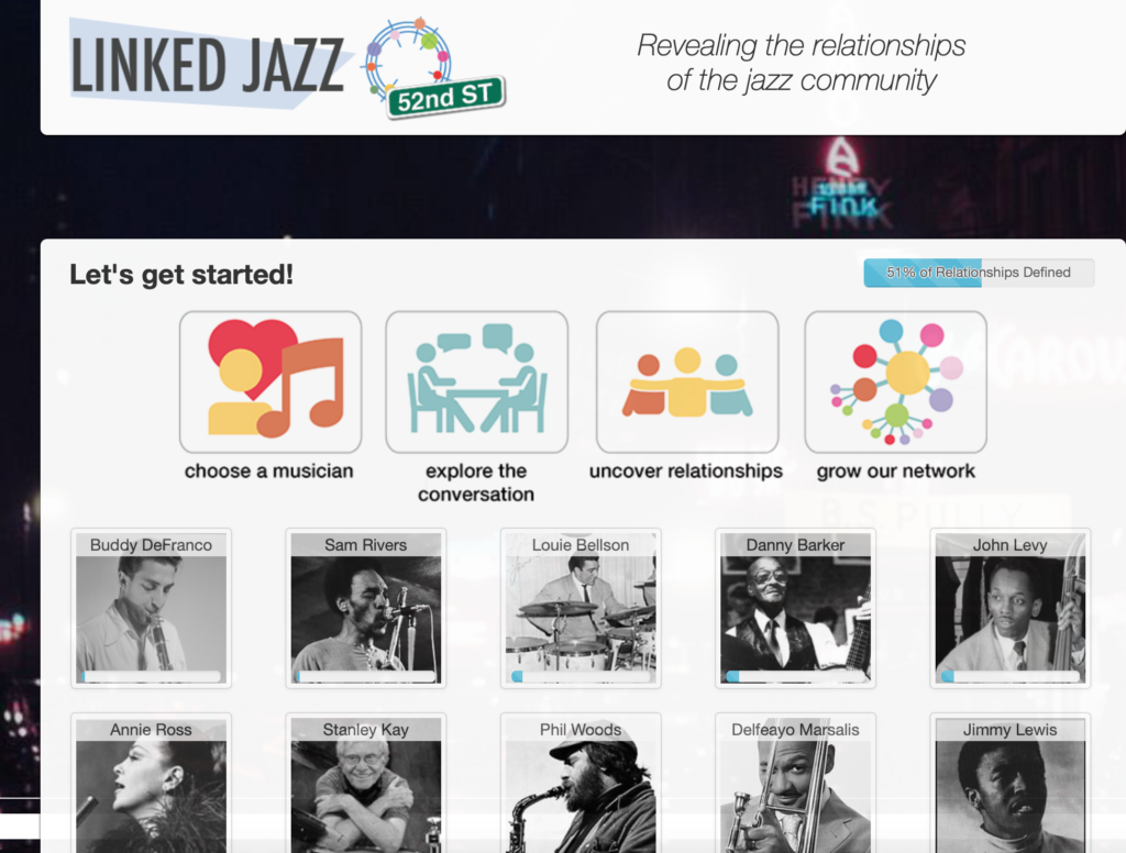 Picture of the home page of 52nd ST, showing portraits of musicians and how the process works to add connections.